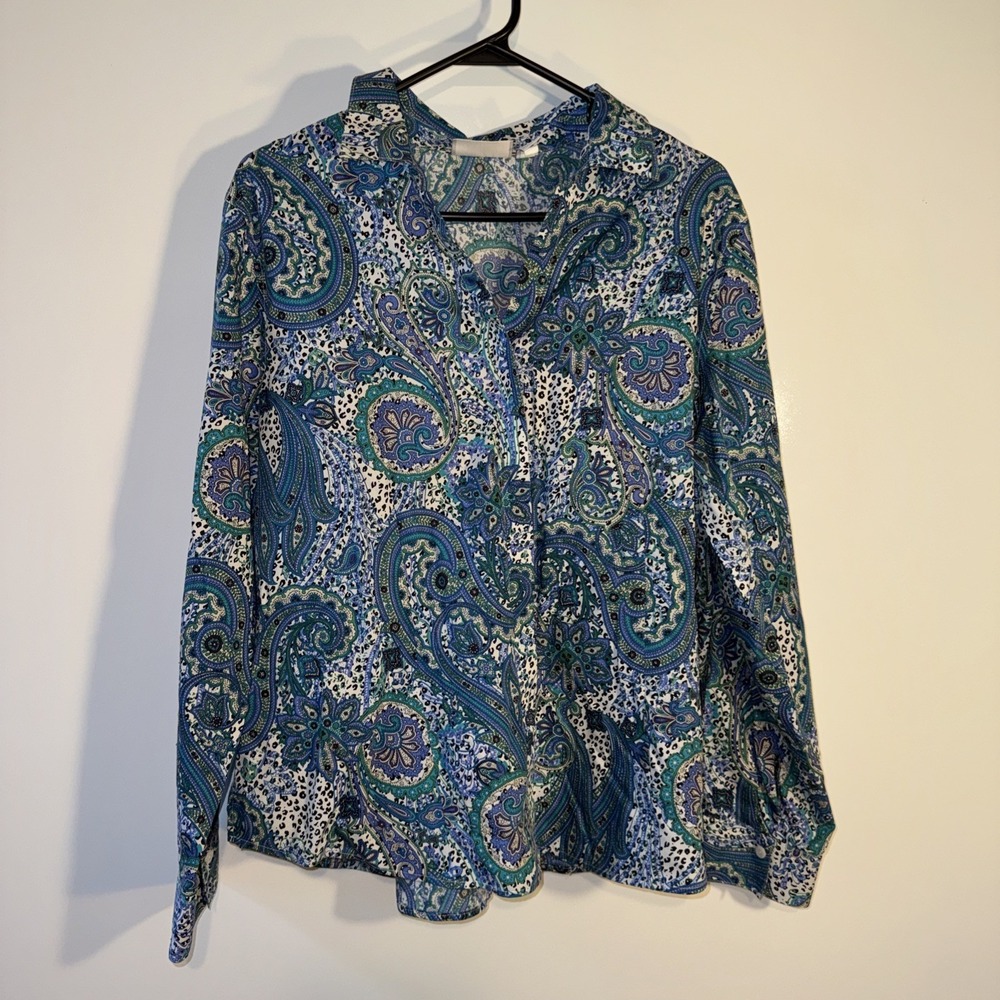 Chico's Women's Size 3 Blue Paisley Button Down Blouse Long Sleeve-Preowned Boho
